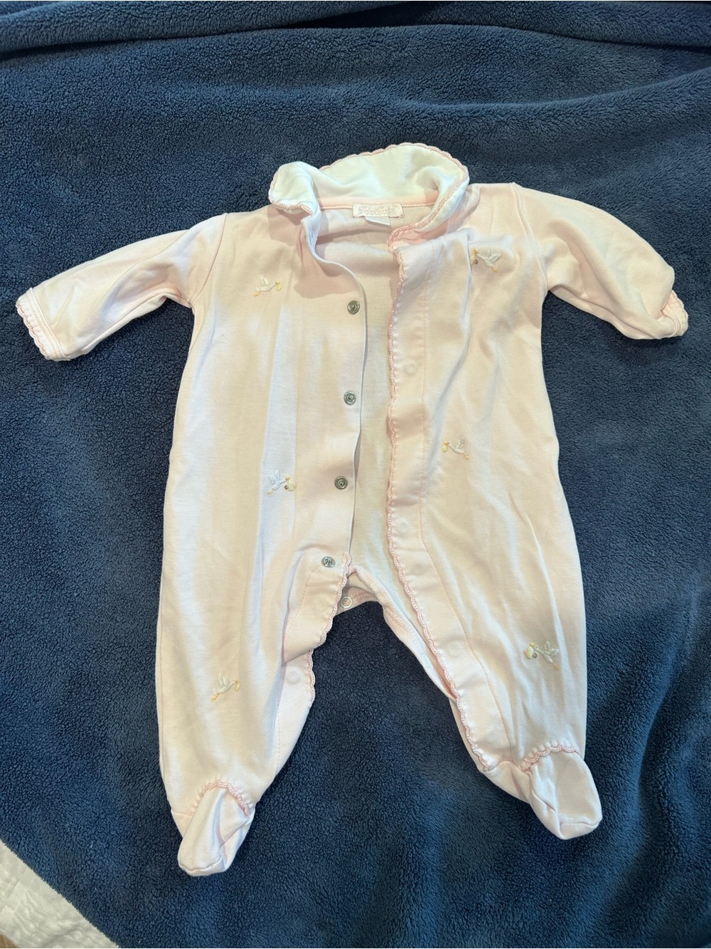 Kissy kissy baby 0-3 month light pink romper with embroidery and ruffle collar